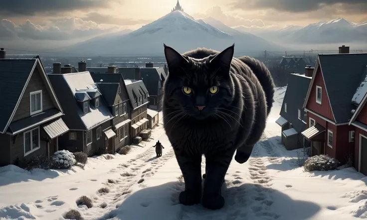 yulecat2023, 1 gigantic cat chasing a child, snowy houses below, glowing eyes, 8k, uhd, best quality, trending on arstation, masterpiece, raw image, otherworldly, horror \(theme\), dept of field, monster, 1cat