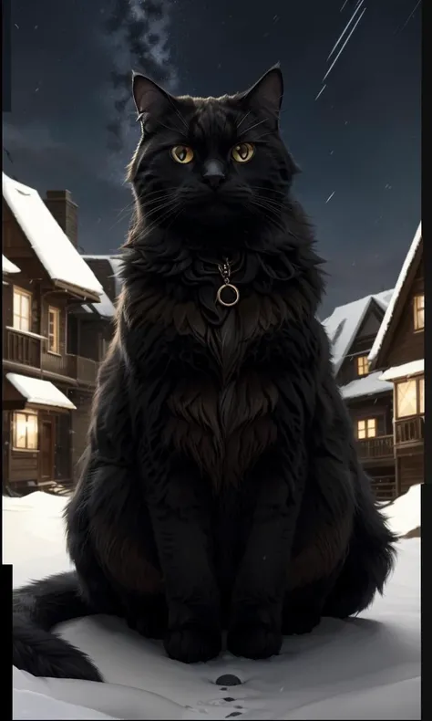 yulecat2023, 1 giant cat, snowy, small boy, glowing eyes, 8k, uhd, best quality, trending on arstation, masterpiece, raw image, otherworldly, horror \(theme\)
