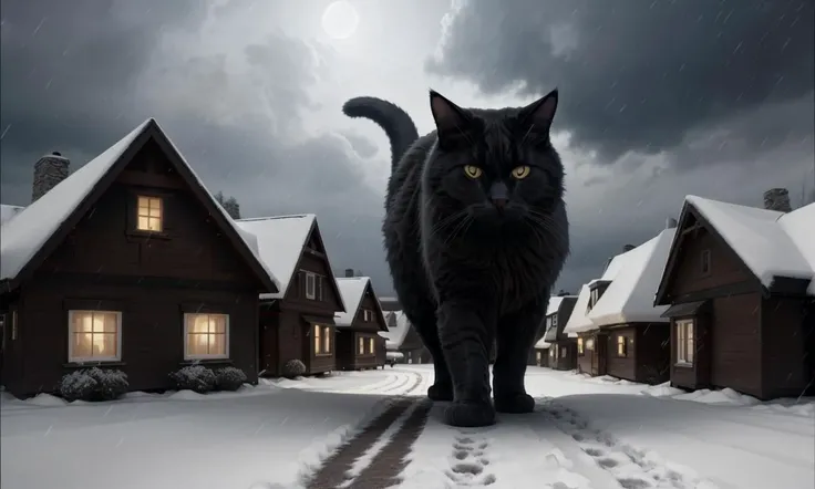 yulecat2023, 1 gigantic cat chasing a child, snowy houses below, glowing eyes, 8k, uhd, best quality, trending on arstation, masterpiece, raw image, otherworldly, horror \(theme\), dept of field