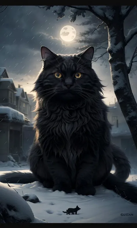 yulecat2023, 1 giant cat, snowy, small boy, glowing eyes, 8k, uhd, best quality, trending on arstation, masterpiece, raw image, otherworldly, horror \(theme\)