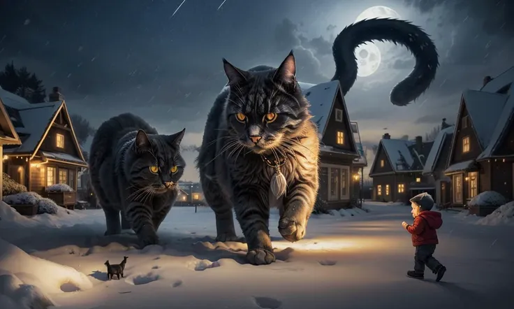 yulecat2023, 1 gigantic cat chasing a child, snowy houses below, glowing eyes, 8k, uhd, best quality, trending on arstation, masterpiece, raw image, otherworldly, horror \(theme\), dept of field