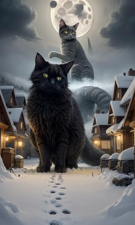 yulecat2023, 1 gigantic cat, moon, night, small village, kaiju, snowy houses, glowing eyes, 8k, uhd, best quality, trending on arstation, masterpiece, raw image, otherworldly, horror \(theme\), dept of field, monster, 1cat, fog, snow,