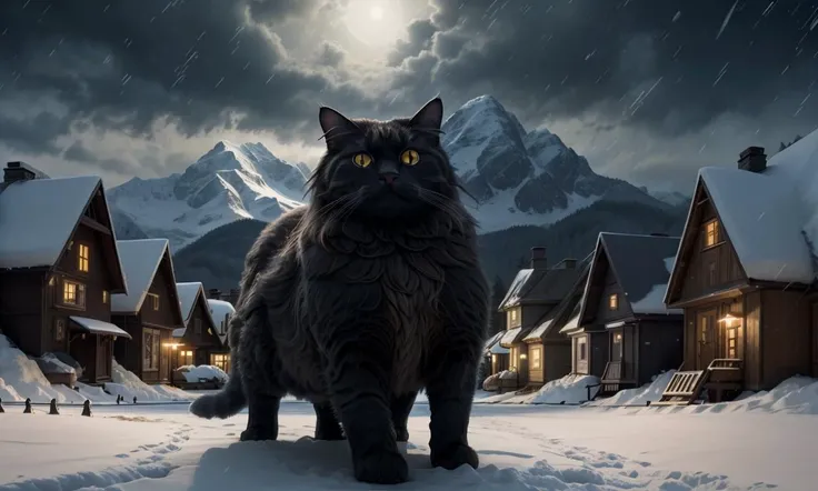 yulecat2023, 1 gigantic cat on mountain, snowy houses below, glowing eyes, 8k, uhd, best quality, trending on arstation, masterpiece, raw image, otherworldly, horror \(theme\), dept of field
