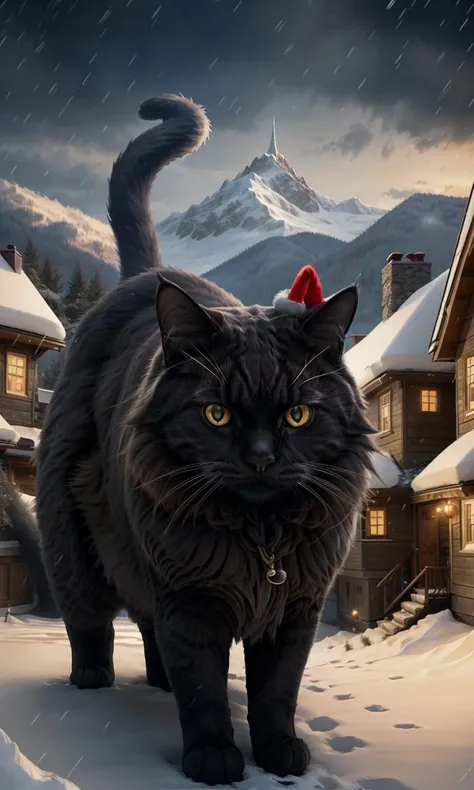 yulecat2023, 1 gigantic cat wearing santa hat, on mountain, snowy houses, glowing eyes, 8k, uhd, best quality, trending on arstation, masterpiece, raw image, otherworldly, horror \(theme\)