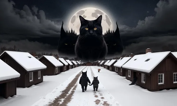 yulecat2023, 1 gigantic cat chasing a child, snowy houses below, glowing eyes, 8k, uhd, best quality, trending on arstation, masterpiece, raw image, otherworldly, horror \(theme\), dept of field, monster, 1cat