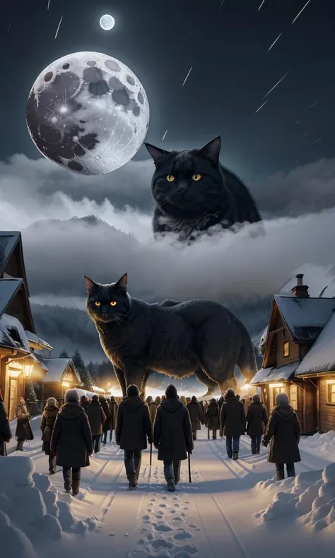 yulecat2023, 1 gigantic cat, moon, night, small village, kaiju, snowy houses, glowing eyes, 8k, uhd, best quality, trending on arstation, masterpiece, raw image, otherworldly, horror \(theme\), dept of field, monster, fog, snow, crowd of people in foreground,