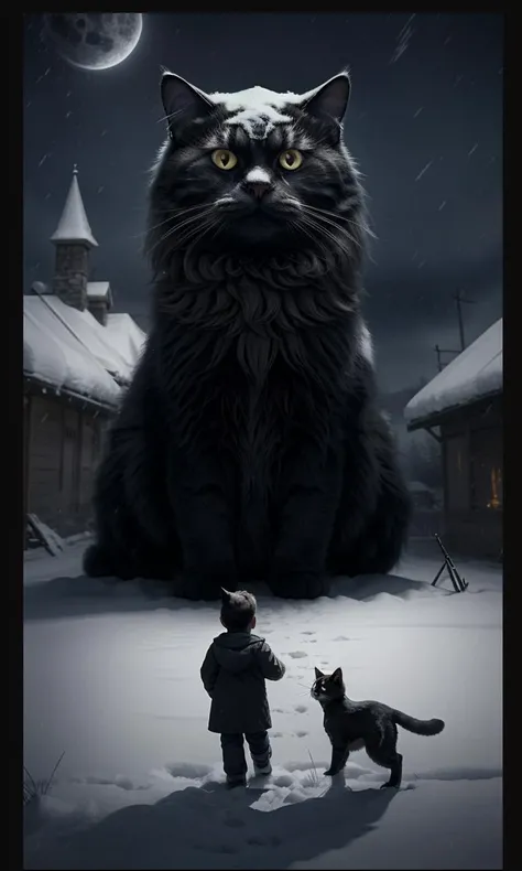yulecat2023, 1 giant cat, snowy, small children,  glowing eyes,  8k, uhd, best quality, trending on arstation, masterpiece, raw image, otherworldly, horror \(theme\),