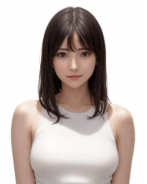 best quality, photorealistic, 8k, high res, 1girl, woman, (skindentation), (portrait:0.6),  ((whitebackground:2.1)), ((smallsize round breast, tight clothes, white sleeveless tshirt)), straight-looking at viewer:1.8, (1girl eyes looking at viewer:1.45, medium-length hair,  brownhair, partedbangs:1.15), photorealistic, (bokeh), gorgeous,  <lora:CBAV-ria:0.65>