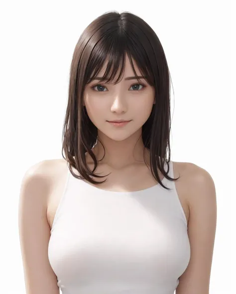 best quality, photorealistic, 8k, high res, 1girl, woman, (skindentation), (portrait:0.6),  ((whitebackground:2.1)), ((smallsize round breast, tight clothes, white sleeveless tshirt)), straight-looking at viewer:1.8, (1girl eyes looking at viewer:1.45, medium-length hair,  brownhair, partedbangs:1.15), photorealistic, (bokeh), gorgeous,  <lora:CBAV-ria:0.65>