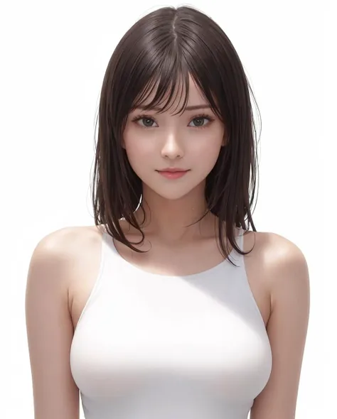 best quality, photorealistic, 8k, high res, 1girl, woman, (skindentation), (portrait:0.6),  ((whitebackground:2.1)), ((smallsize round breast, tight clothes, white sleeveless tshirt)), straight-looking at viewer:1.8, (1girl eyes looking at viewer:1.45, medium-length hair,  brownhair, partedbangs:1.15), photorealistic, (bokeh), gorgeous,  <lora:CBAV-ria:0.65>