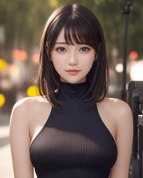 pureerosface_v1, best quality, photorealistic, 8k, high res, 1girl, woman, (skindentation), (portrait:0.6), ((cityscapebackground:1.75, smallsize round breast, highneck sweater:1.5)), straight-looking at viewer:1.8, (1girl eyes looking at viewer:1.45, medium-length hair, blackhair, partedbangs:1.45), photorealistic, (bokeh), <lora:CBAV-ria:0.65>