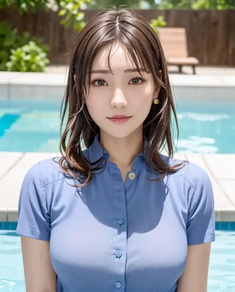 pureerosface_v1:03, best quality, photorealistic, 8k, high res, full color, 1girl, woman, 20 years old woman, (closed mouth:1.73), (skindentation), (portrait:0.6), trees, ((poolside background:1.52)), full color, ((whitecollar,shirt buttonedblueshirt:1.58)), looking at viewer:1.8, (1girl eyes looking at viewer:1.55), (medium hair, brownhair, partedbangs:1.45), (bokeh), <lora:AAV-ria2:0.64>