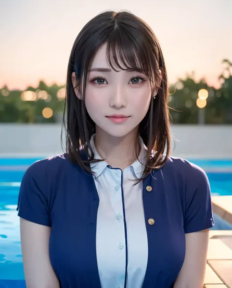 pureerosface_v1:03, best quality, photorealistic, 8k, high res, full color, 1girl, woman, 20 years old woman, (closed mouth:1.73), (skindentation), (portrait:0.6), night time, neon light, ((poolside background:1.52)), full color, ((whitecollar,shirt buttonedblueshirt:1.58)), looking at viewer:1.8, (1girl eyes looking at viewer:1.55), (medium hair, brownhair, partedbangs:1.45), (bokeh), <lora:AAV-ria2:0.64>