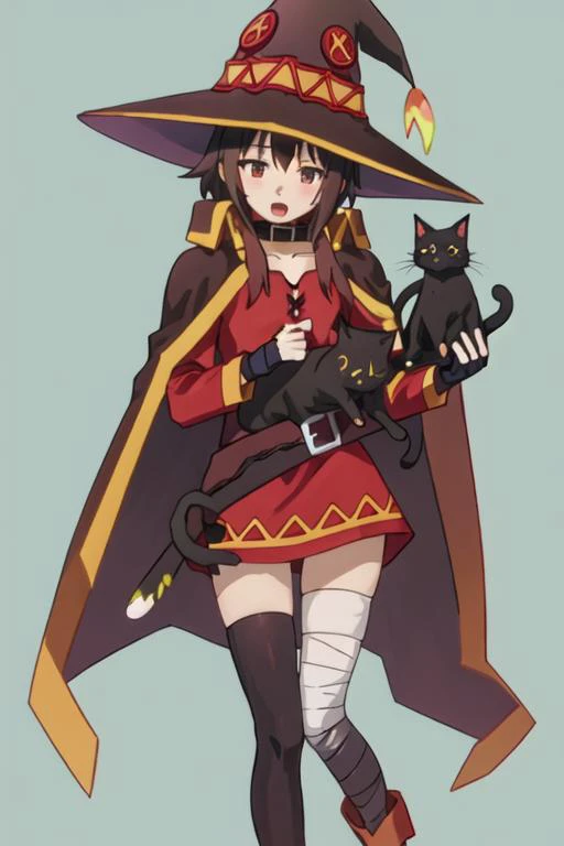 best quality, masterpiece, highres, solo, {megumin_konosuba:1.15}, short_hair, brown_hair, red_eyes, short_hair_with_long_locks, hat, witch_hat, cape, black_hair, open_mouth, 1girl, animal, asymmetrical_legwear, bandaged_leg, bandages, belt, black_cat, black_thighhighs, cat, dress, gloves, holding, holding_animal, holding_cat, red_dress, single_thighhigh, thighhighs, collar, fingerless_gloves, mismatched_legwear