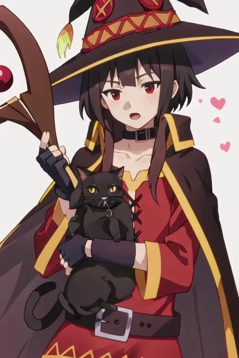 best quality, masterpiece, highres, solo, {megumin_konosuba:1.15}, short_hair, brown_hair, red_eyes, short_hair_with_long_locks, hat, witch_hat, cape, black_hair, open_mouth, 1girl, animal, black_cat, black_gloves, cat, collar, dress, fingerless_gloves, gloves, holding, holding_animal, holding_cat, long_sleeves, red_dress, belt, looking_at_viewer, sidelocks, choker, collarbone, staff