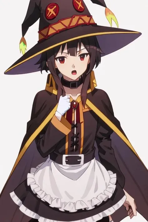 best quality, masterpiece, highres, solo, {maid:1.40}, {long maid dress:1.15}, {megumin_konosuba:1.15}, short_hair, brown_hair, red_eyes, short_hair_with_long_locks, hat, witch_hat, cape, black_hair, open_mouth