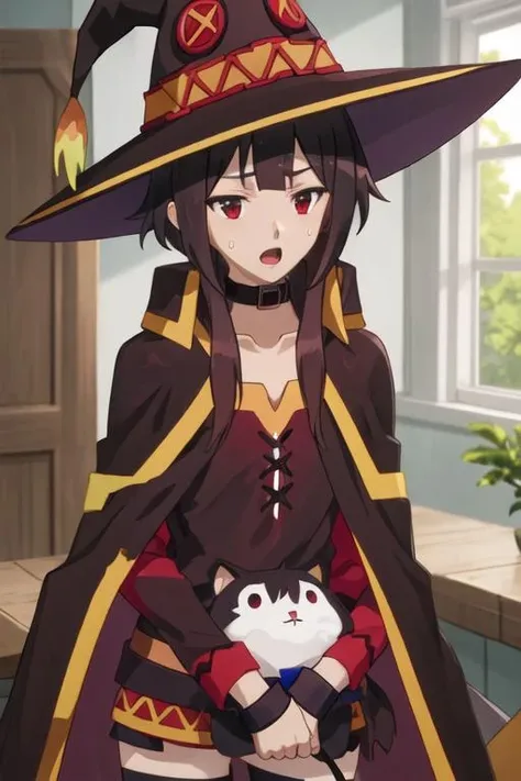 best quality, masterpiece, highres, solo, {megumin_konosuba:1.15}, short_hair, brown_hair, red_eyes, short_hair_with_long_locks, hat, witch_hat, cape, black_hair, open_mouth, 2girls, blue_hair, long_hair, multiple_girls, choker, 3girls, collar, dress, hair_rings, solo_focus, sweatdrop