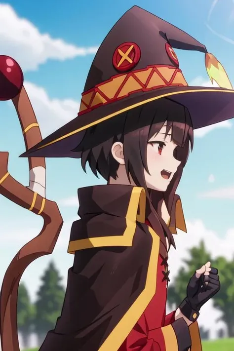 best quality, masterpiece, highres, solo, {megumin_konosuba:1.15}, short_hair, brown_hair, red_eyes, short_hair_with_long_locks, hat, witch_hat, cape, black_hair, open_mouth, 1girl, black_cape, black_gloves, closed_eyes, fingerless_gloves, gloves, sky, smile, black_headwear, blue_sky, cloud, day, dress, holding, holding_staff, long_sleeves, outdoors, red_dress, staff, sidelocks, upper_body, bangs, blurry, from_side, solo_focus