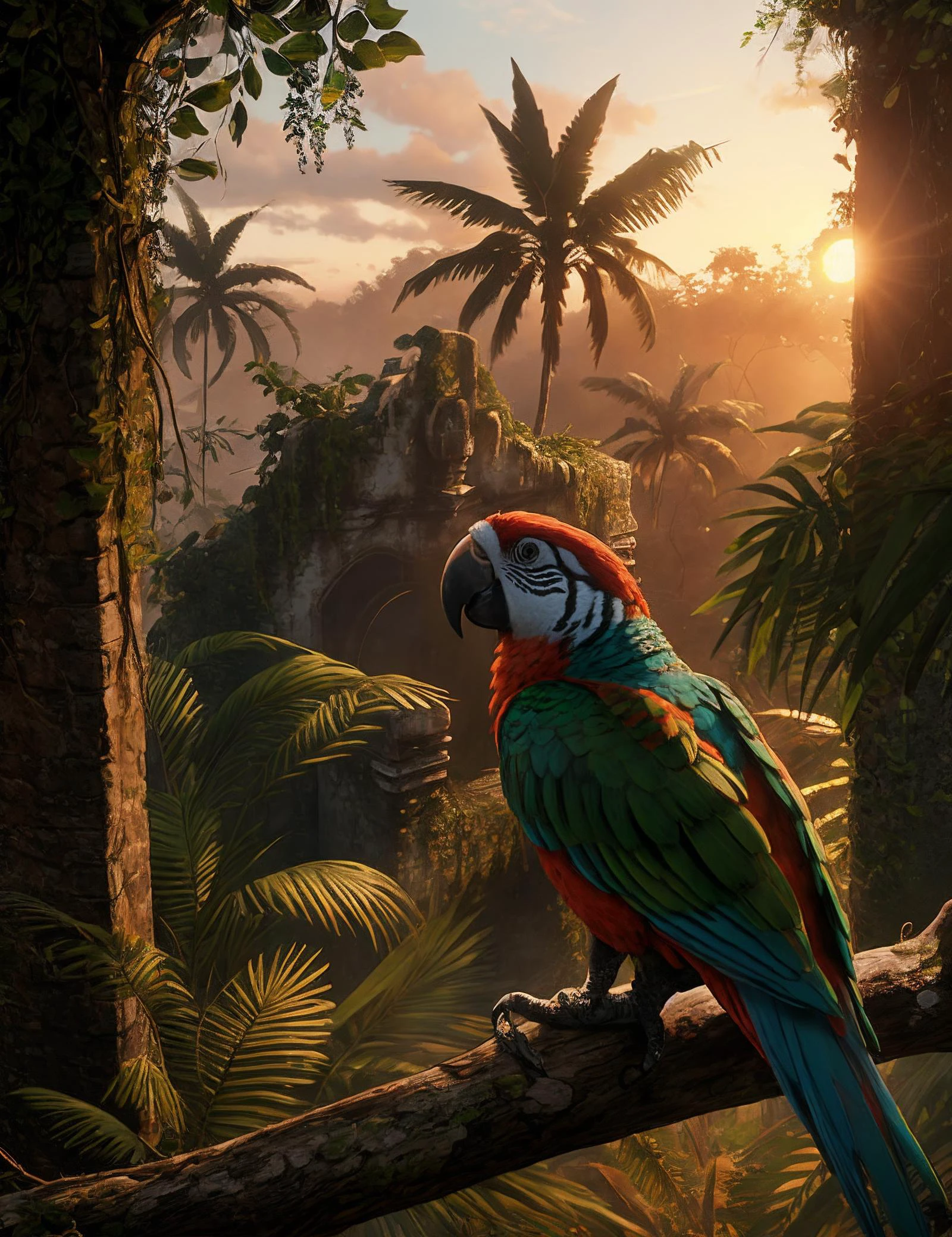 a parrot sits on a branch, jungle ruin in cav_rdrguarma,
sunset
8k dslr photograph with film grain
<lora:cav_rdrguarma:.6>