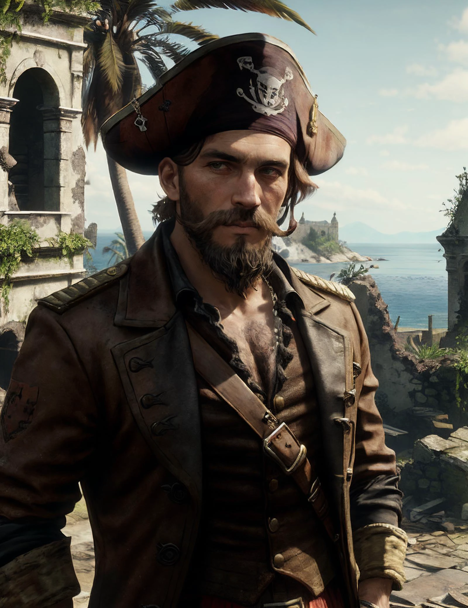 portrait photo of a bearded pirate captain with parrot,
(ruin in cav_rdrguarma in the background:1.2),
daytime
8k dslr photograph with film grain
<lora:cav_rdrguarma:.7>