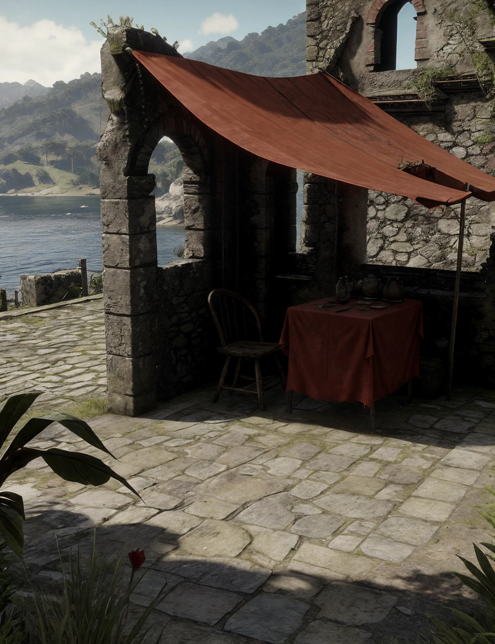 cav_rdrguarma, daytime, ruin, a small stone building with a red tarp
<lora:cav_rdrguarma:.6>