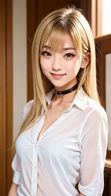 kitagawa marin, 1girl, solo,medium breasts,choker, blonde hair, long hair, black choker, shirt, smile, red eyes, looking at viewer, white shirt, bangs, indoors, school uniform, collared shirt, upper body, closed mouth, collarbone, blurry background, meme, open clothes,   <lora:Marin Kitagawa_epoch_1:1>