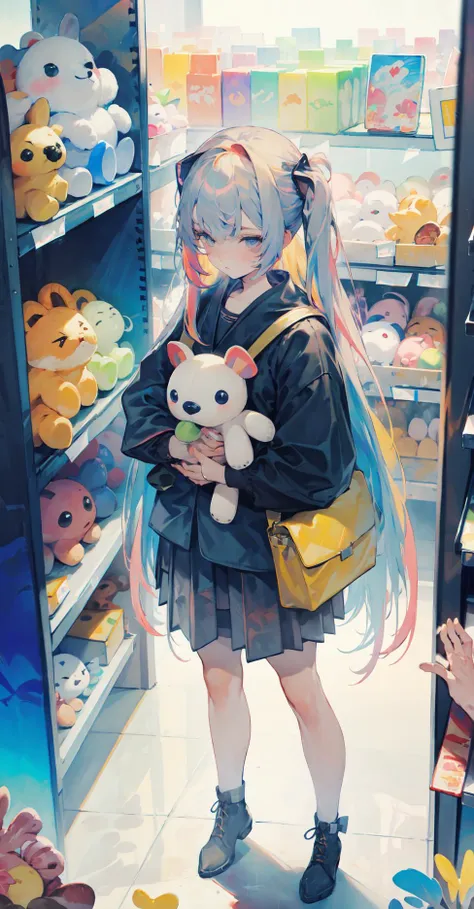 (masterpiece, best quality), (colorful:1.4), from above, solo, 1girl standing in a store with lots of stuffed animals on the shelves and a bag of stuff, depth of field,very long hair,