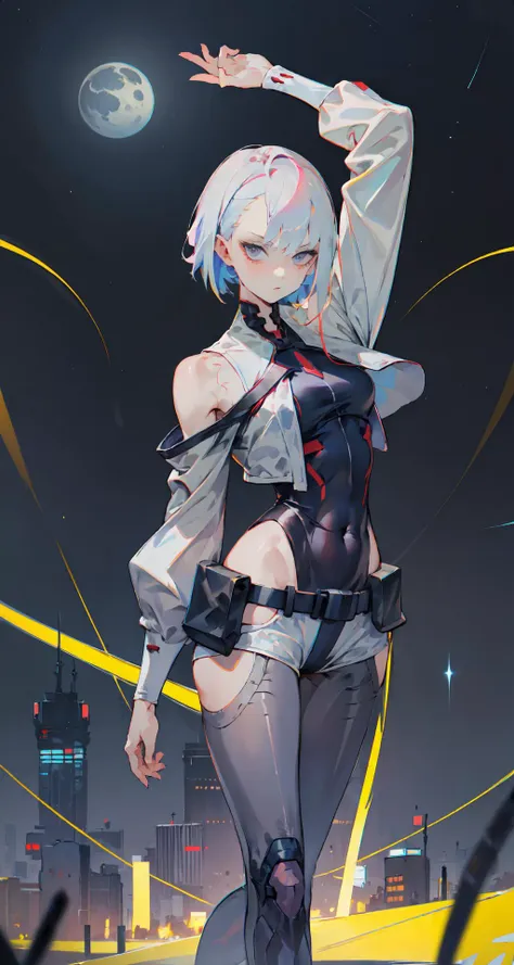 lucy \(cyberpunk\), 1girl, arm up, asymmetrical hair, belt, bodysuit, covered mouth, covered navel, detached sleeves, grey eyes, hip vent, holding, holding weapon, looking at viewer, night, night sky, pouch, short hair, sky, solo, weapon, white hair, wire, short shorts, shorts, open jacket, <lora:lucy_offset:1>