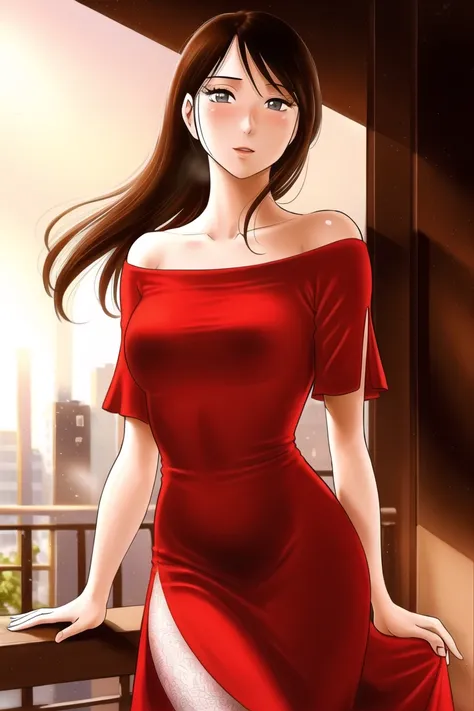 portrait of a beautiful woman, flamenco, red dress, cowboy_shot, realism, balcony, daylight <lora:Tsuya Tsuya:0.7>
