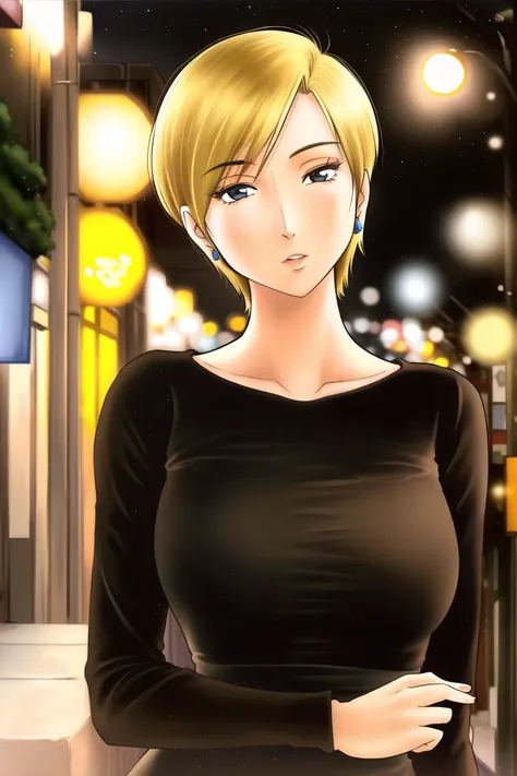 portrait of a mature woman, short_hair, blonde_hair, black_dress, jewelry, upper_body, realism, street at night <lora:Tsuya Tsuya:0.7>