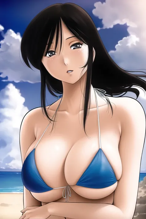 portrait of a beautiful woman, large_breats, bikini, upper_body, realism, beach, sunny, <lora:Tsuya Tsuya:0.7>