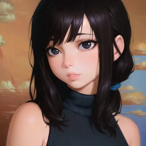 beautiful, (masterpiece:1.2), (best quality:1.2), (pastel colors:1.2), (surreal art:1.1), ((oil painting:1.3)), perfect eyes, perfect face, perfect lighting, 1girl, (mature woman), bangs, black eyes, black hair, blue background, long hair, lips, parted lips, simple background, solo, sweater, turtleneck, upper body, <lora:Kuvshinov LoRA:1>