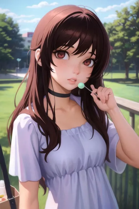 beautiful, (masterpiece:1.2), (best quality:1.2), (pastel colors:1.2), (surreal art:1.1), ((oil painting:1.3)), perfect eyes, perfect face, perfect lighting, 1girl, bangs, black choker, black hair, candy, choker, day, food, freckles, holding, lips, lollipop, long hair, looking at viewer, outdoors, parted lips, red eyes, shirt, sky, solo, upper body, <lora:Kuvshinov LoRA:1>
