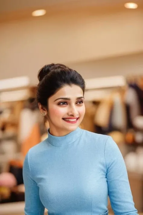 photo of beautiful young , a woman prachide, hair upsweep updo, (tight long sleeve top:1.2), (long jeans), in a department store, natural light, (masterpiece:1.2) (photorealistic:1.2) (best quality) (detailed skin:1.2) (intricate details) (8k) (HDR) (cinematic lighting) (sharp focus), (looking at the camera:1.1), ((closeup portrait:1.3)), (smile512) <lora:prachide:1>