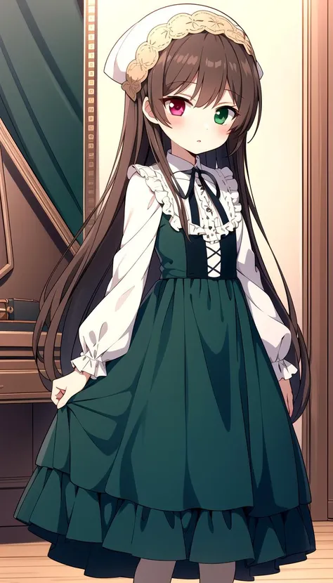 Walk, room, masterpiece, best quality, Green dress, Brown hair, red Green heterochromia, long hair, <lyco:suiseiseki:0.8>, suiseiseki