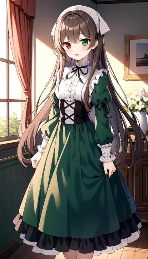 Walk, room, masterpiece, best quality, Green dress, Brown hair, red Green heterochromia, long hair, <lyco:suiseiseki:0.8>, suiseiseki