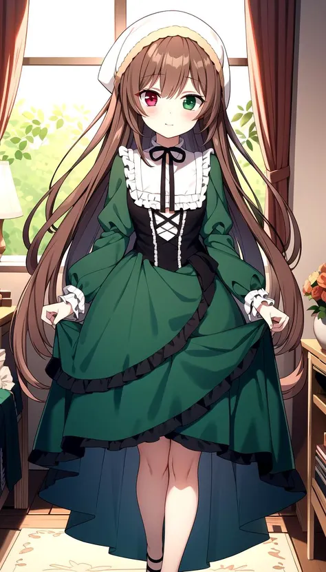 Walk, room, masterpiece, best quality, Green dress, Brown hair, red Green heterochromia, long hair, <lyco:suiseiseki:0.8>, suiseiseki