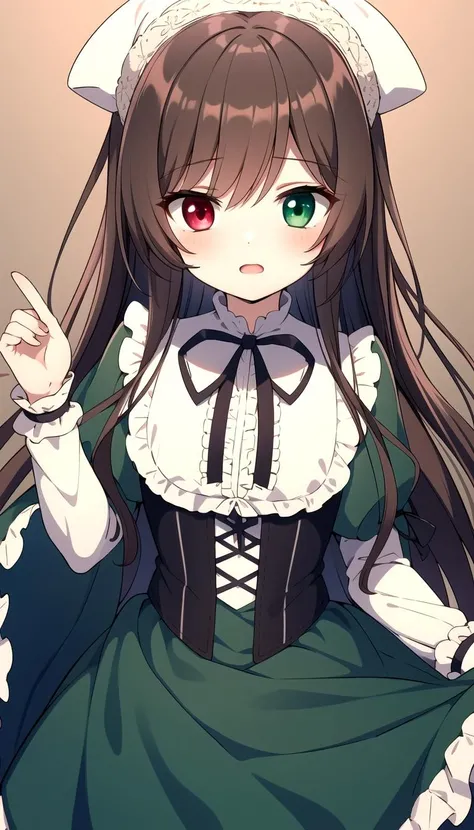 masterpiece, best quality, Green dress, Brown hair, red Green heterochromia, long hair, <lyco:suiseiseki:0.8>, suiseiseki