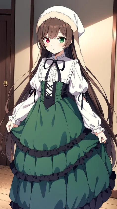 Walk, room, masterpiece, best quality, Green dress, Brown hair, red Green heterochromia, long hair, <lyco:suiseiseki:0.8>, suiseiseki