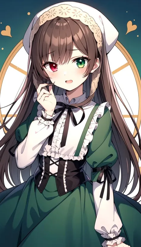 masterpiece, best quality, Green dress, Brown hair, red Green heterochromia, long hair, <lyco:suiseiseki:0.7>, suiseiseki