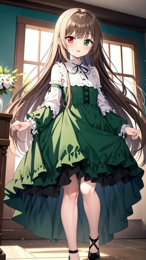 Walk, room, masterpiece, best quality, Green dress, Brown hair, red Green heterochromia, long hair, <lyco:suiseiseki:0.8>, suiseiseki