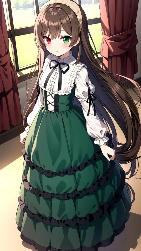 Walk, room, masterpiece, best quality, Green dress, Brown hair, red Green heterochromia, long hair, <lyco:suiseiseki:0.8>, suiseiseki