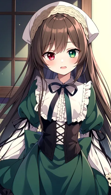 masterpiece, best quality, Green dress, Brown hair, red Green heterochromia, long hair, <lyco:suiseiseki:0.8>, suiseiseki