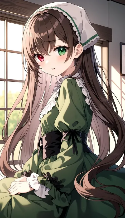 masterpiece, best quality, Green dress, Brown hair, red Green heterochromia, long hair, <lyco:suiseiseki:0.7>, suiseiseki