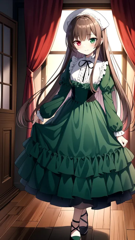 Walk, room, masterpiece, best quality, Green dress, Brown hair, red Green heterochromia, long hair, <lyco:suiseiseki:0.8>, suiseiseki