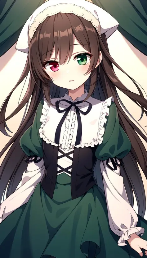 masterpiece, best quality, Green dress, Brown hair, red Green heterochromia, long hair, <lyco:suiseiseki:0.8>, suiseiseki
