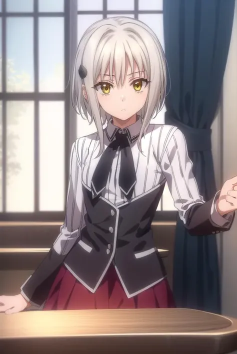 konekotoujou, <lora:koneko toujou anime s1-lora-nochekaiser:1>,
koneko toujou, short hair, hair ornament, (yellow eyes:1.2), white hair,
BREAK skirt, school uniform, shirt, white shirt, collared shirt, neckerchief, black neckerchief, long sleeves, red skirt,
BREAK indoors, classroom,
BREAK looking at viewer, (cowboy shot:1.5),
BREAK <lyco:GoodHands-beta2:1>, (masterpiece:1.2), best quality, high resolution, unity 8k wallpaper, (illustration:0.8), (beautiful detailed eyes:1.6), extremely detailed face, perfect lighting, extremely detailed CG, (perfect hands, perfect anatomy),