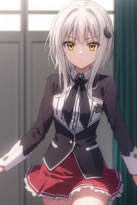 konekotoujou, <lora:koneko toujou anime s1-lora-nochekaiser:1>,
koneko toujou, short hair, hair ornament, (yellow eyes:1.2), white hair,
BREAK skirt, school uniform, shirt, white shirt, collared shirt, neckerchief, black neckerchief, long sleeves, red skirt,
BREAK indoors, classroom,
BREAK looking at viewer, (cowboy shot:1.5),
BREAK <lyco:GoodHands-beta2:1>, (masterpiece:1.2), best quality, high resolution, unity 8k wallpaper, (illustration:0.8), (beautiful detailed eyes:1.6), extremely detailed face, perfect lighting, extremely detailed CG, (perfect hands, perfect anatomy),