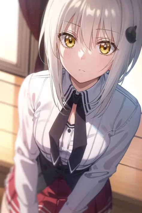 konekotoujou, <lora:koneko toujou anime s1-lora-nochekaiser:1>,
koneko toujou, short hair, hair ornament, (yellow eyes:1.2), white hair,
BREAK skirt, school uniform, shirt, white shirt, collared shirt, neckerchief, black neckerchief, long sleeves, red skirt,
BREAK indoors, classroom,
BREAK looking at viewer, (cowboy shot:1.5),
BREAK <lyco:GoodHands-beta2:1>, (masterpiece:1.2), best quality, high resolution, unity 8k wallpaper, (illustration:0.8), (beautiful detailed eyes:1.6), extremely detailed face, perfect lighting, extremely detailed CG, (perfect hands, perfect anatomy),