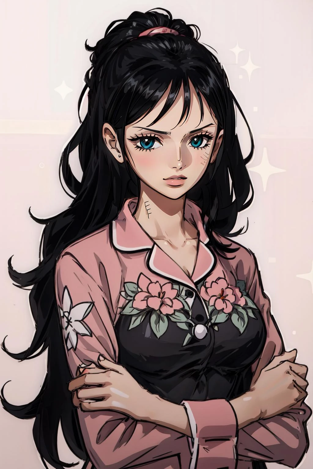 (masterpiece, best quality), intricate details,
1girl, <lora:NicoRobinV1:0.8> nico robin, long hair, black hair,
<lora:pajamas:0.8> pink pajamas,